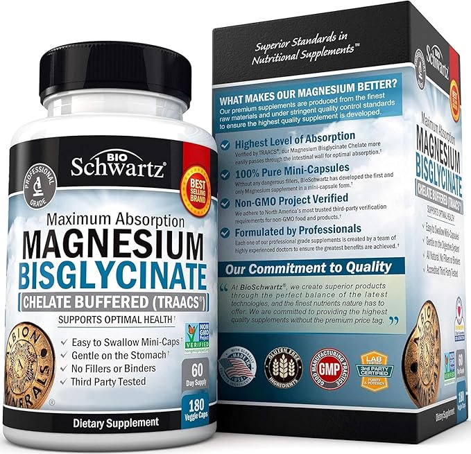 Magnesium Bisglycinate 100% Chelate No-Laxative Effect - Maximum Absorption Magnesium Supplement - Fully Reacted & Buffered for Energy Muscle Bone & Joint Support - Non-GMO Project Verified -180ct