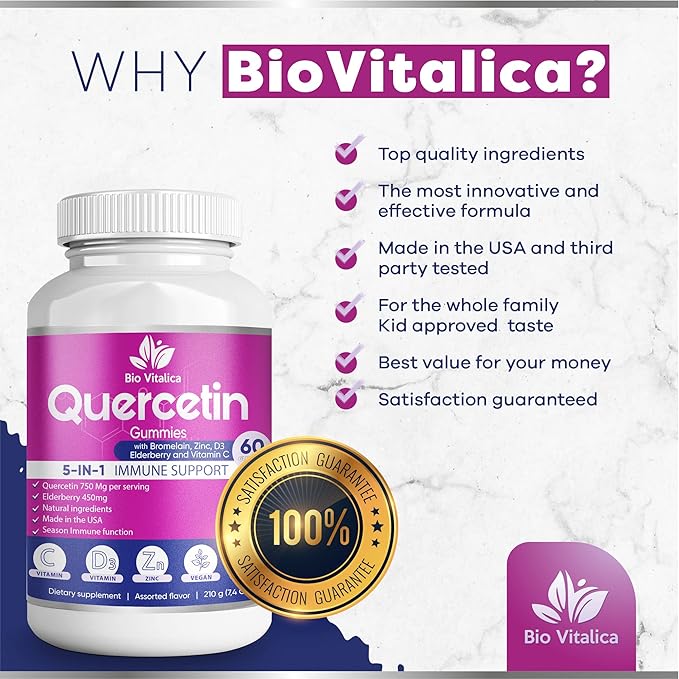 BIO VITALICA Quercetin Gummies by BioVitalica - Quercetin with Bromelain Vitamin C and Zinc & Elderberry + Vitamin D3-5 in 1 Immune Support - Zinc Quercetin 750 mg for Kids and Adult (6, Quercetin)