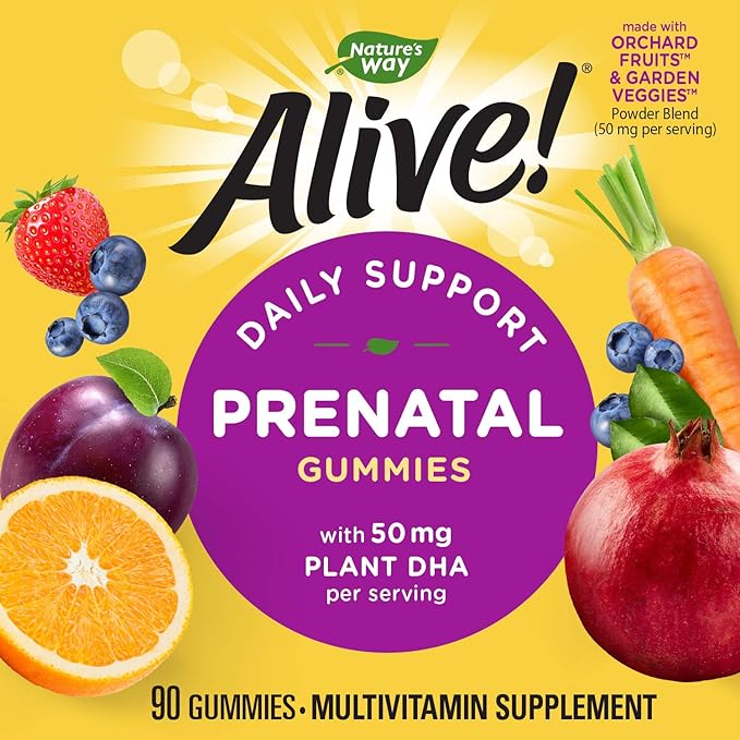 Nature’s Way Alive! Prenatal Multivitamin, Plant-Based DHA for Baby's Healthy Brain & Eye Development*, Vegetarian, Orange and Raspberry Lemonade Flavored, 90 Gummies (Packaging May Vary)