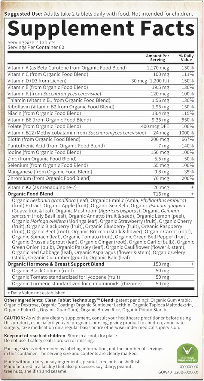 Garden of Life Organics Vitamins for Women 40 Plus - 120 Tablets, Womens Multi 40 Plus, Vegan Vitamins for Women Over 40, Hormone & Breast Health Support Blend, Whole Food Womens Multivitamin