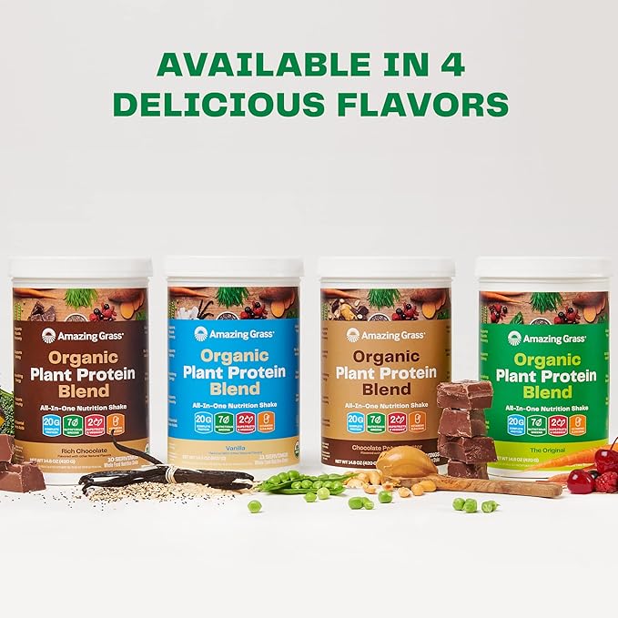 Amazing Grass Organic Plant Protein Blend: Vegan Protein Powder, New Protein Superfood Formula, All-In-One Nutrition Shake with Beet Root, Original, 12 Servings