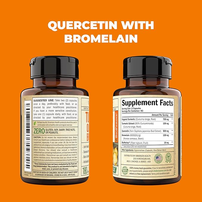 Quercetin with Bromelain Turmeric Supplement - Quercetin 500mg Capsules with Curcumin & Bromelain powder for Allergy & Joint Support. Turmeric Curcumin Bromelain Supplement. 180 Vegan Tumeric Capsules