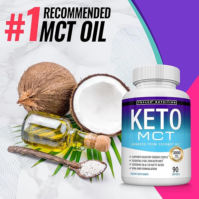 Toplux Keto MCT Oil Capsules - 3000mg Natural Pure Coconut Oil Extract Pills, Source of Energy, Easy to Digest for Men Women, 90 Softgels, Supplement