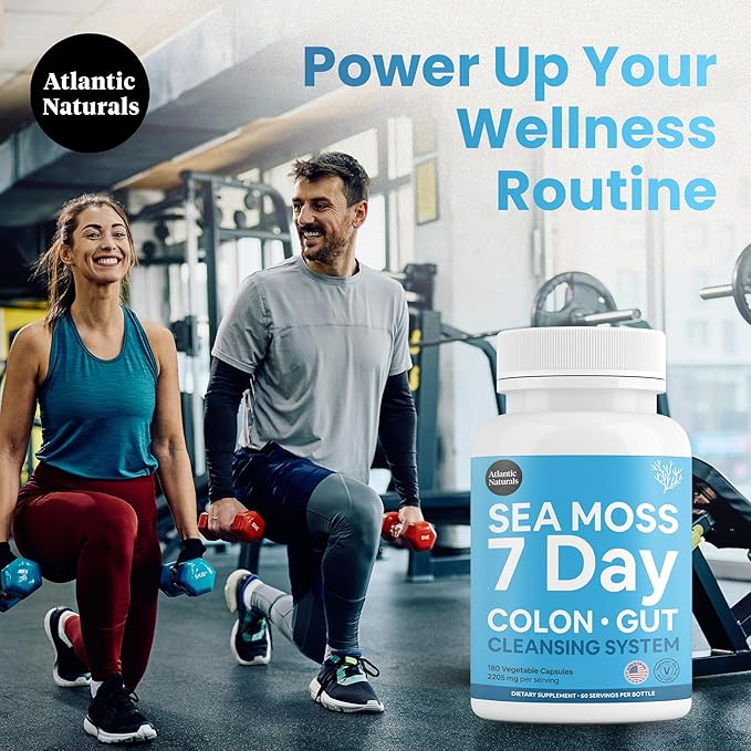 Atlantic Naturals - Sea Moss 7-Day Cleanse Colon & Gut Detox Capsule - Juice Cleanse Support with Psyllium Husk Senna Powder - Body Cleanse and Detox for Women & Men - 180 Sea Moss Capsules