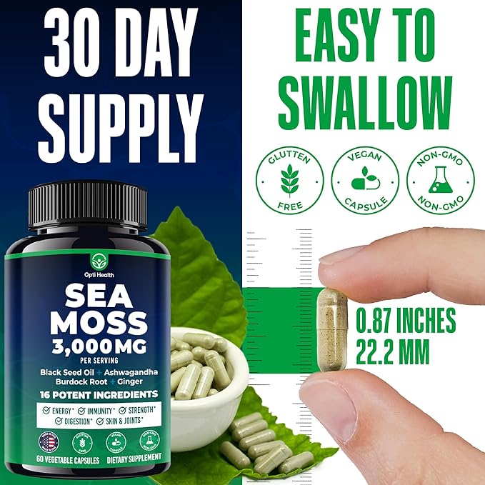 Sea Moss Black Seed Oil Ashwagandha Ginger - Advanced Irish Sea Moss Capsules All in One Supplement with Seamoss Black Seed Oil Ashwagandha Burdock Root Bladderwrack - Pills for Energy, Immune, Gut