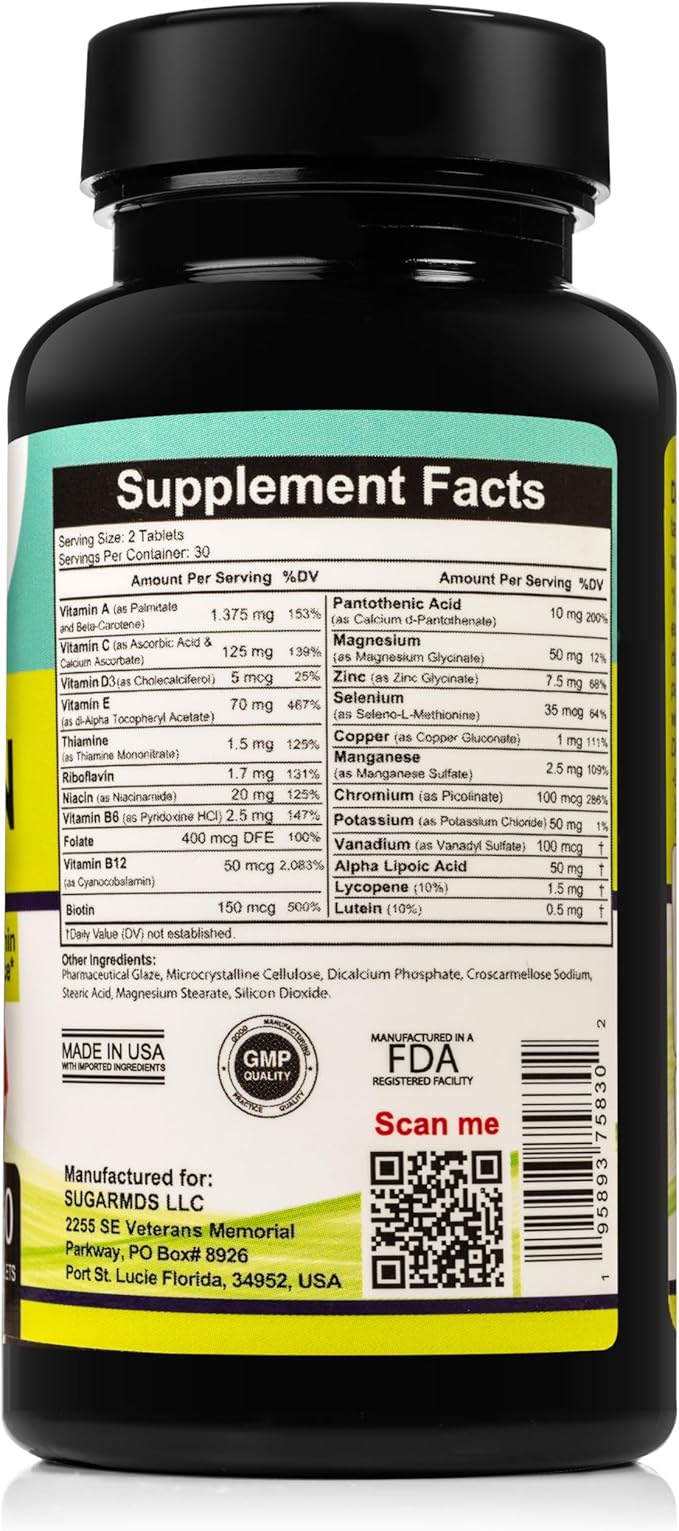 SugarMD Diavitamin Supplement Formula – Multivitamin for Men and Women – Multivitamins and Minerals – 60 Multi Vitamin Tablets – Restore Strength and Endurance – Non-GMO – Gluten-Free