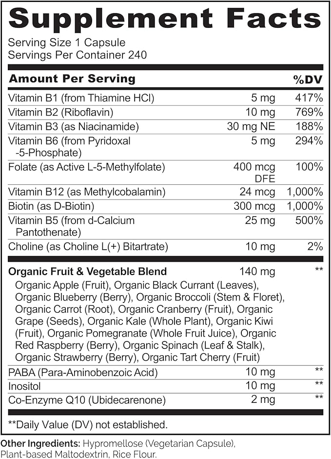 NATURELO B Complex - Whole Food Complex with Vitamin B6, Folate, B12, Biotin - Supplement for Energy and Stress - High Potency - Vegan - Vegetarian - Non GMO - Gluten Free - 240 Capsules