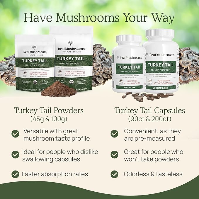 Real Turkey Tail Powder - Organic Mushroom Supplement with Potent Mushroom Extract for Gut, Energy, Brain, & Immune Support - Vegan, Non-GMO, 45 Servings