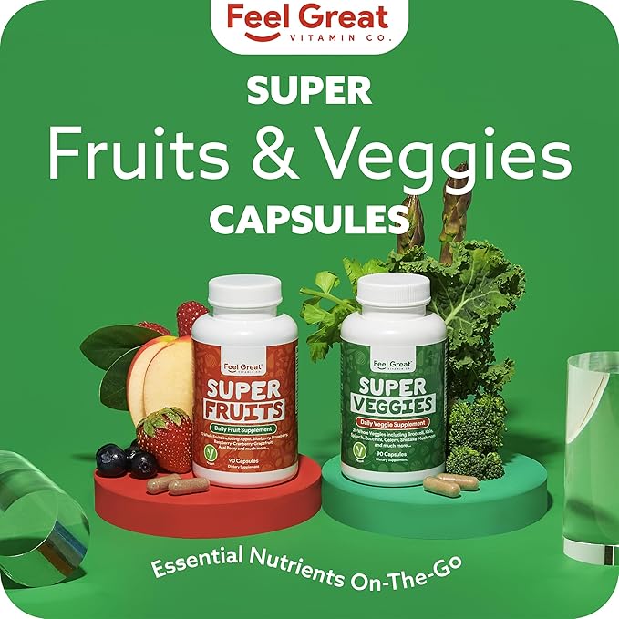 Feel Great Fruit and Vegetable Supplements | 20+ Super Reds & Greens for Natural Energy Support | Vegan Fruit and Veggie Vitamins | 2 Pack of 90 Count Each