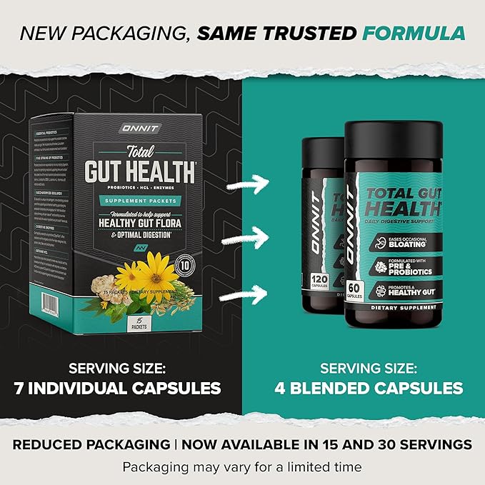 ONNIT Total Gut Health - Complete Daily Probiotics & Digestive Enzyme Supplement for Women & Men - 5 Strains of Probiotics, Prebiotics, Enzymes, Betaine HCL - Capsules - (120ct)