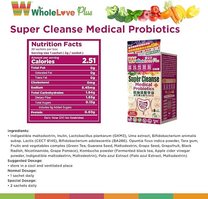 NOTO WholeLovePlus Super Cleanse Probiotics for Women & Men - Daily Probiotic Supplement, Support for Your Body, Grade Prebiotics & Probiotics, 28 sachets