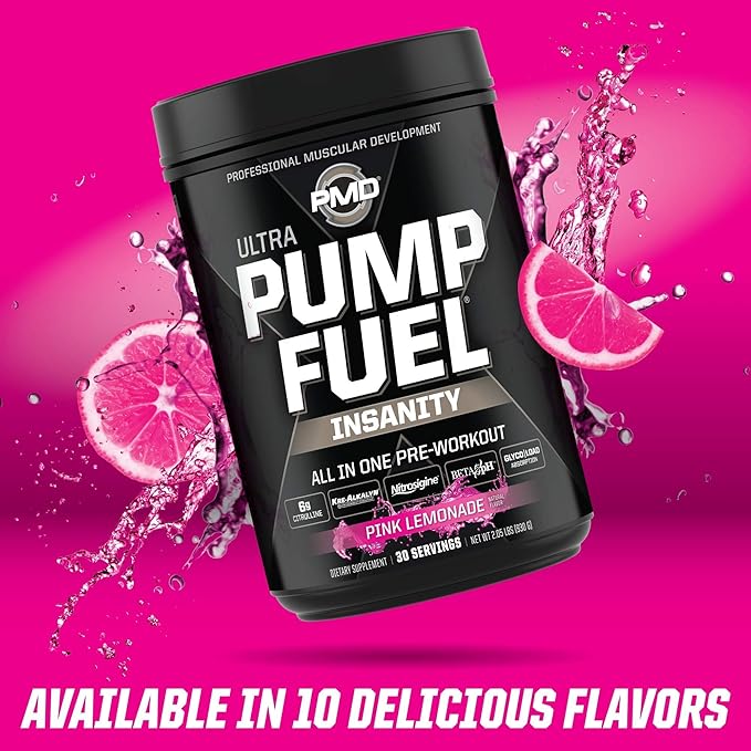 PMD Sports Ultra Pump Fuel Insanity - Pre Workout Drink Mix for Energy, Strength, Endurance, Recovery - Complex Carbohydrates and Amino Energy - Electric Pink Lemonade (30 Servings)