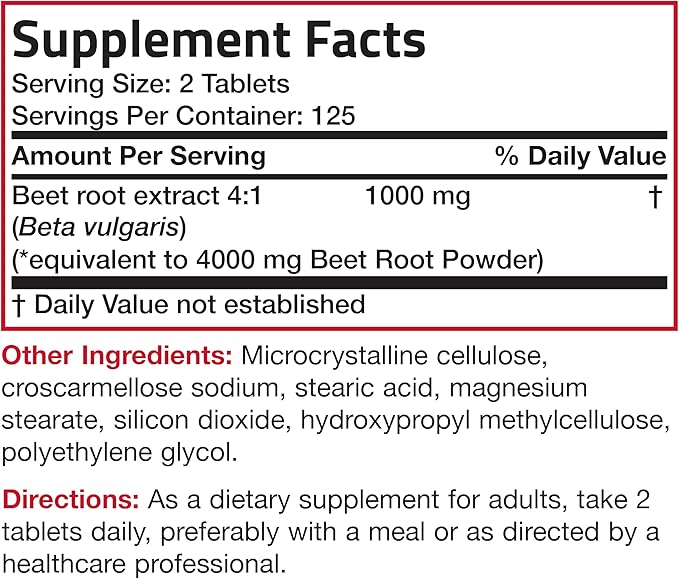 Bronson Beet Root Double Strength 4000mg Equivalent (from 1000 mg of 4:1 Extract), Non-GMO, 250 Vegetarian Tablets