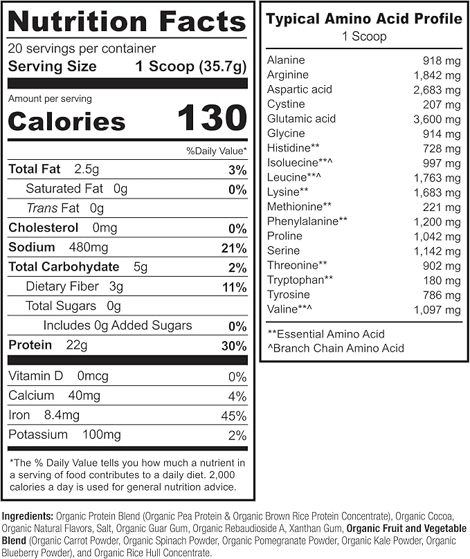 NATURELO Plant Protein Powder, Chocolate, 22g Protein - Non-GMO, Vegan, No Gluten, Dairy, or Soy - No Artificial Flavors, Synthetic Coloring, Preservatives, or Additives - 20 Servings