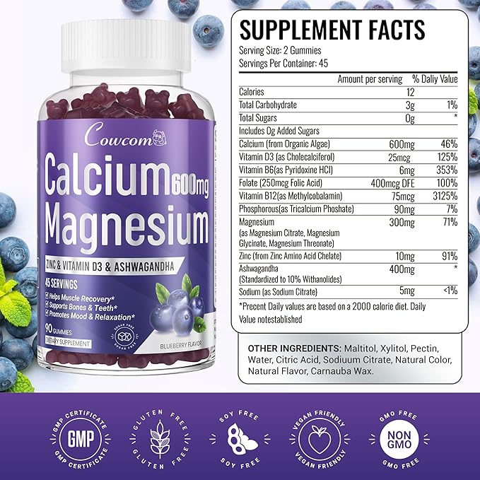 Calcium Magnesium Zinc Gummies Sugar-Free with Vitamin D3 B6 B12,High Absorption Calcium Magnesium Supplement,Bone, Muscles,Calm Mood,Sleep Support for Kids adults,90 Count Vegan Blueberry Flavor