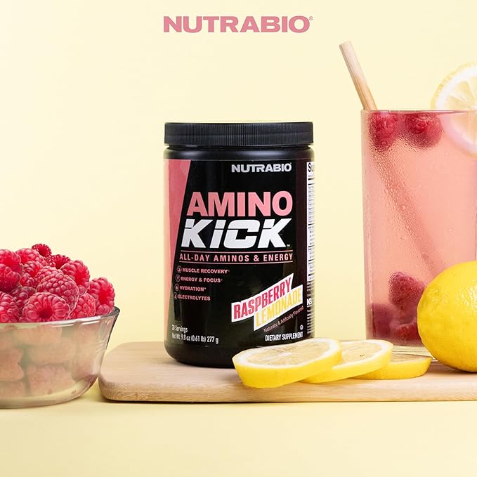 NutraBio Amino Kick - Amino Acid Energy Formula - BCAA's, Electrolytes for Hydration, Natural Caffeine 30 Servings (Raspberry Lemonade)