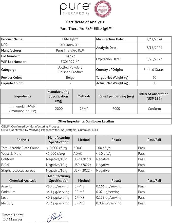 Pure Therapro Rx Elite IgG Immunoglobulin Supplement | 1100+ mg IgG, IGA & IgM Serum Derived Immunoglobulins (SBI) | Colostrum Supplement Alternative | Gluten, Dairy & GMO Free (30 Servings - Powder)