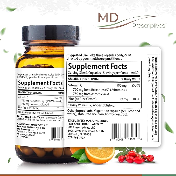 Rose C MD – Synergistic Vitamin C Dietary Supplement with Antioxidants: Rose HIPS, Ascorbic Acid & Zinc – 90 Capsules