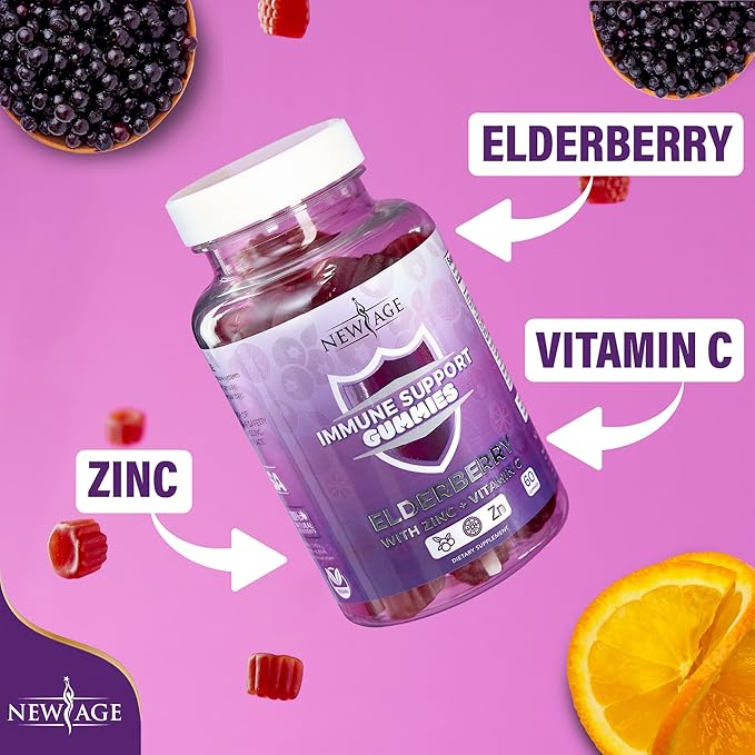 NEW AGE Immune System Support Gummies - Sambucus Black Elderberry Gummies with Vitamin C and Zinc (Immune Support 60 Gummies)