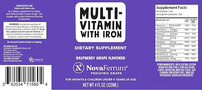 NovaFerrum Yum | Multivitamin with Iron for Infants, Toddlers & Kids | Immune Support | Ages 4 & Under | Gluten Free Certified | Sugar Free | Raspberry Grape | 120 Servings