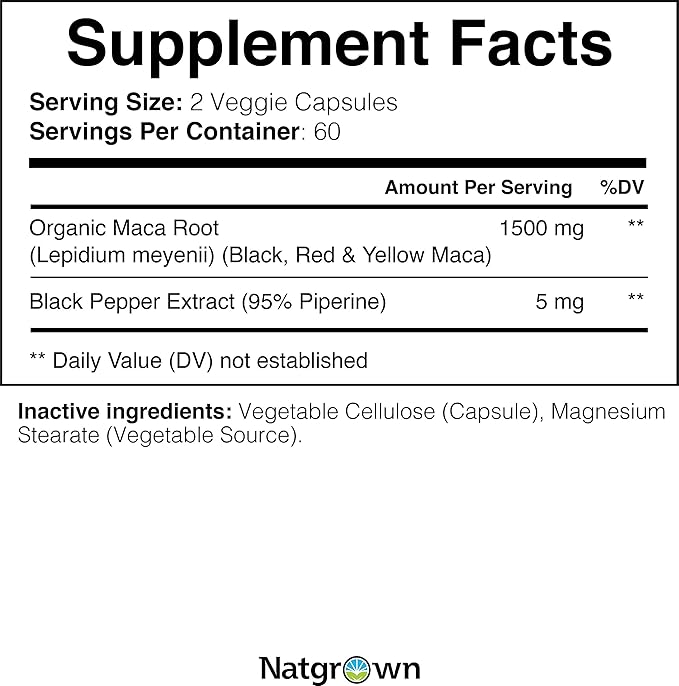 Natgrown Organic Maca Root Powder Capsules 1500 mg with Black + Red + Yellow Peruvian Maca Root Extract Supplement for Men and Women - Vegan Pills