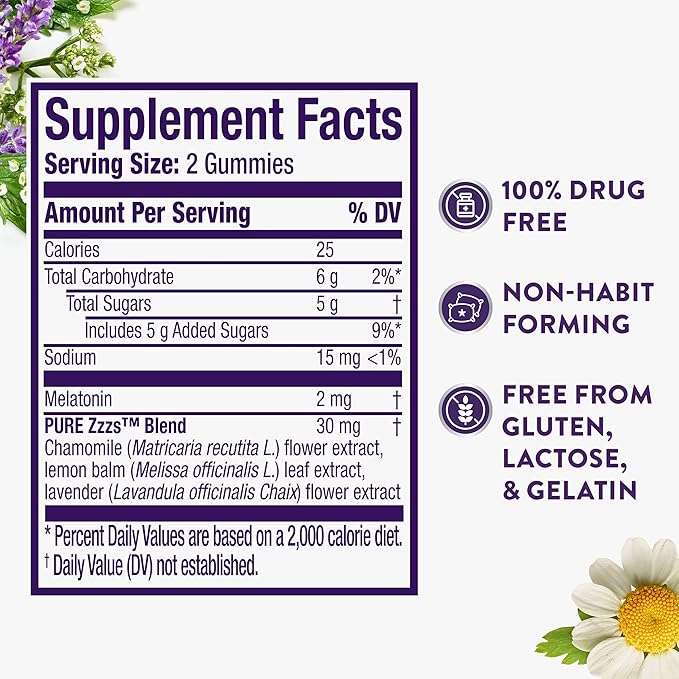 ZzzQuil PURE Zzzs Melatonin Sleep Aid Gummies, Helps You Fall Asleep Naturally, Wildberry Vanilla Flavor, Chamomile Lavender & Valerian Root, 1mg per gummy, 72 Count