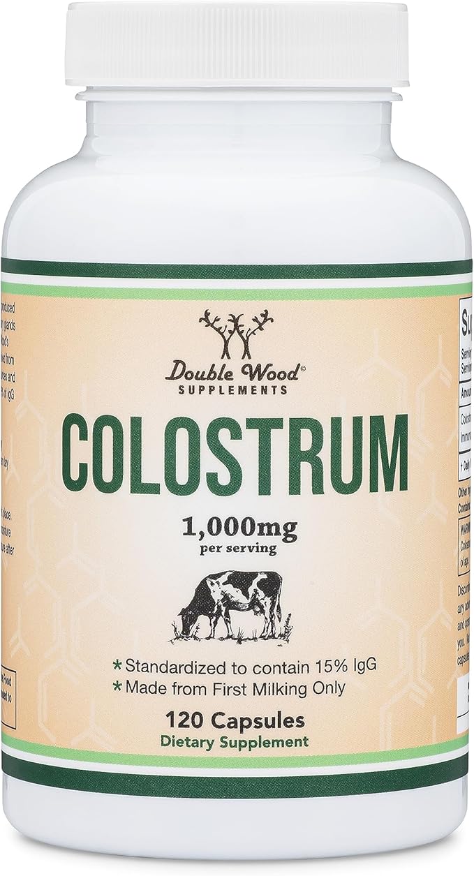 Colostrum Supplement 120 Capsules, 1,000mg per Serving (Bovine Colostrum Powder from First Milking Only, Std. to Contain 15% IgG Immunoglobulins) No Fillers, Third Party Tested by Double Wood