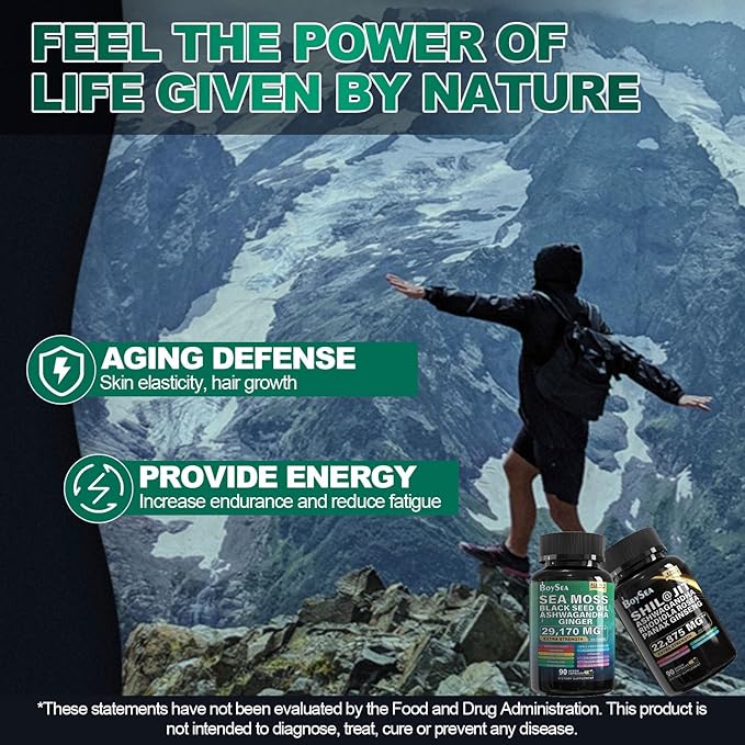 Boysea.Sea Moss and shilajit Bundle - 90 Count - Sea Moss 7000mg, Black Seed Oil 4000mg, Ashwagandha 2000mg, Ginger & Shilajit 9000mg, Rhodiola Rosea 1000mg, All in 1 Supplements (1 Pack)