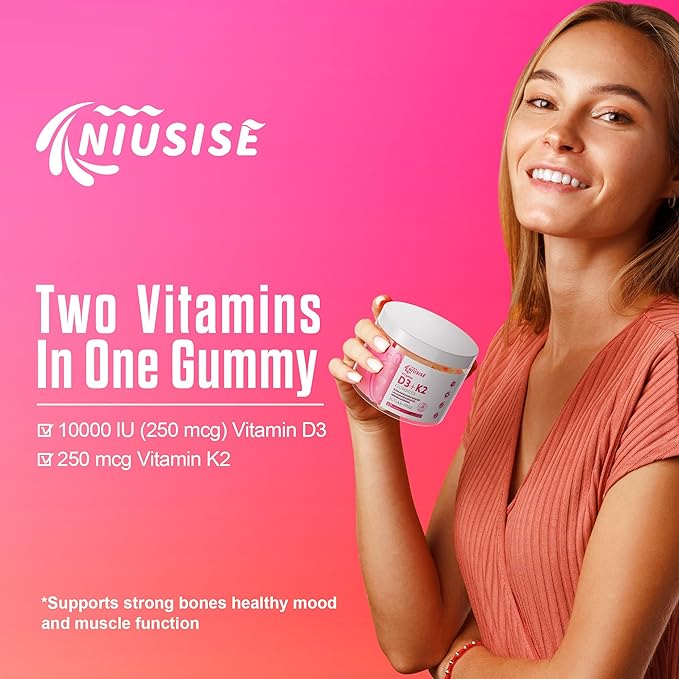 Vitamin D3 + K2 Sugar Free Gummies, 10000 IU Vitamin D3 + 250 mcg Vitamin K2, Supports Bone & Heart Health for Adults, Promotes Calcium Absorption & Immune Health, Non-GMO, 120Gummies