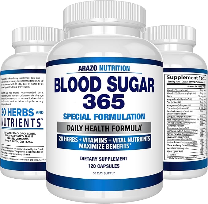 Arazo Nutrition Blood Sugar 365 Supplement – Supports Healthy Energy Levels - 120 Herbal Pills - 60 Day Supply