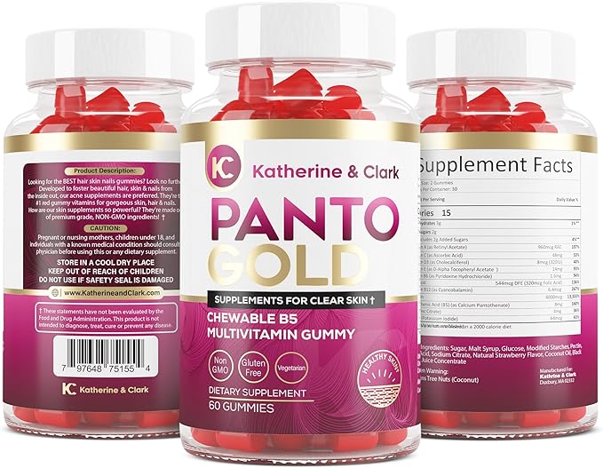 Panto Gold Vitamin B5 Pantothenic Acid Gummies for Acne - Hair Skin and Nails Gummies - Biotin, Zinc, Folic Acid Chewable Non-GMO Gluten-Free for Body - Oily Skin Gummies - 60 Count