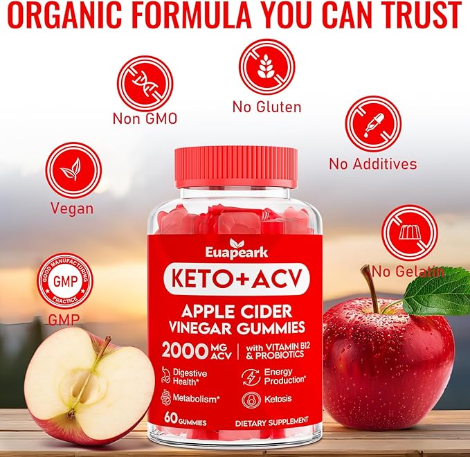 Apple Cider Vinegar Gummies, Keto ACV Gummies with Probiotics, Vitamin B12 & Keto Support, 2000 mg ACV Gummies with Mother for Digestion, Metabolism, Cleanse & Detox Diet, Vegan, Low Sugar, 60 Counts