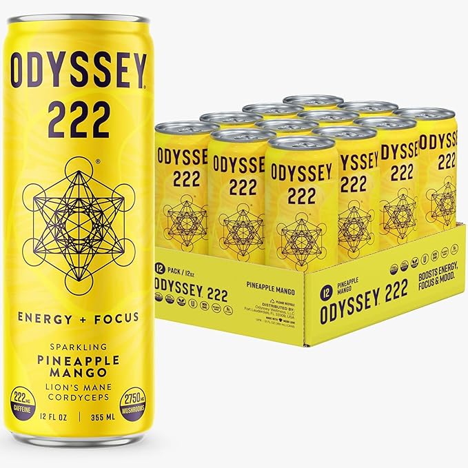 Odyssey Elixir - Odyssey 222 - Sparkling Energy Drink - 222 mg of Caffeine - Lion's Mane & Cordyceps - Energy & Focus - Endurance & Stamina - Nootropic - Pre Workout - Pineapple Mango