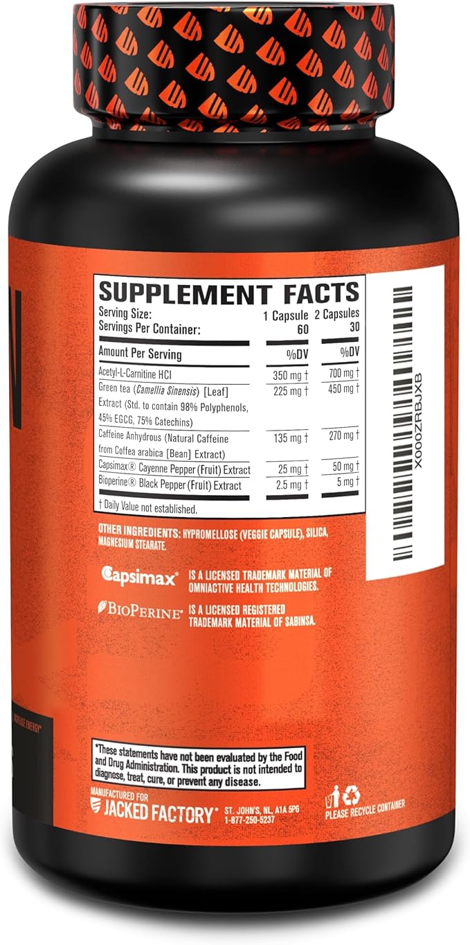 Jacked Factory Burn-XT Clinically Studied Fat Burner & Weight Loss Supplement - Appetite Suppressant & Energy Booster - with Acetyl L-Carnitine, Green Tea Extract and More - 60 Natural Diet Pills