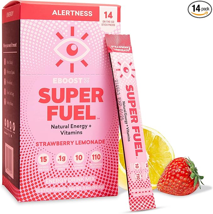 EBOOST Energy Drink Powder, Super Fuel - Strawberry Lemonade, 14 Packets - Pre-Workout Powder Energy Drink Mix - Natural Energy, L-Tyrosine, L-Theanine & Vitamins - Preworkout for Women & Men to Go