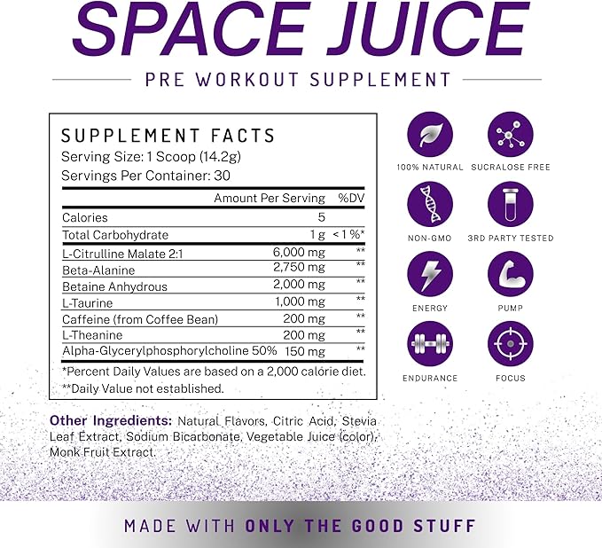 PWDRS Pre-Workout Powder, All Natural Pre Workout for Energy, Pump, Endurance & Strength, with Caffeine (Space Juice)