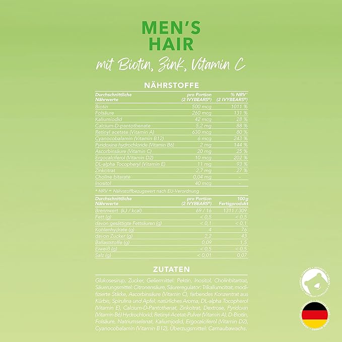 Men’s Hair Vitamins Gummies | Biotin, Folic Acid, & Zinc | Nourishing Hair, Skin & Nails | Salon-Quality Vegan Hair Care | 100% Vitamin Boost