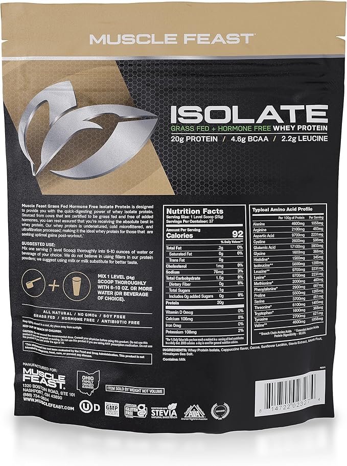 Muscle Feast Grass-Fed Whey Protein Isolate, All Natural Hormone Free Pasture Raised, Mocha, 2lb