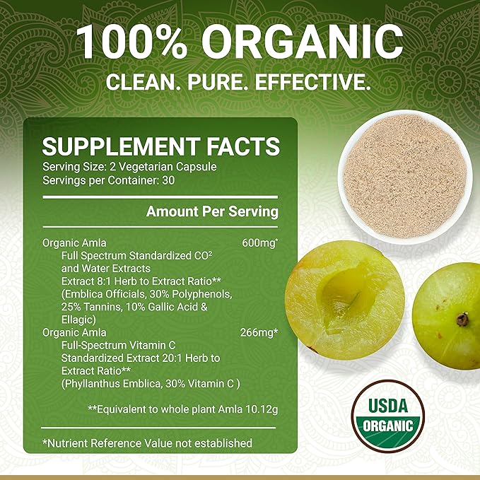 Organic Amla Capsules – Vitamin C | USDA Organic Certified | Whole Food Plant Based Vitamin C | Amalaki Supplement | Derived from Amla Fruit | Indian Gooseberry | Vegan | Ayurveda | 60 Amala Pills