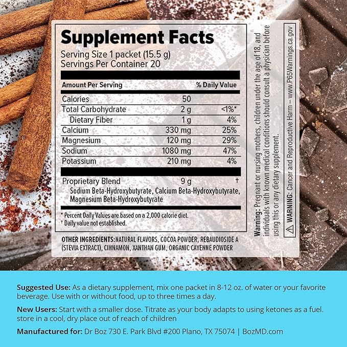 Dr. Boz - Keto BHB Powder - Mexican Chocolate Spice, 20 Servings - Ketones Drink - Energy & Reduced Cravings - Max Strength Dietary Supplement - Quality Tested - Made in The USA - 10.9oz (310g)