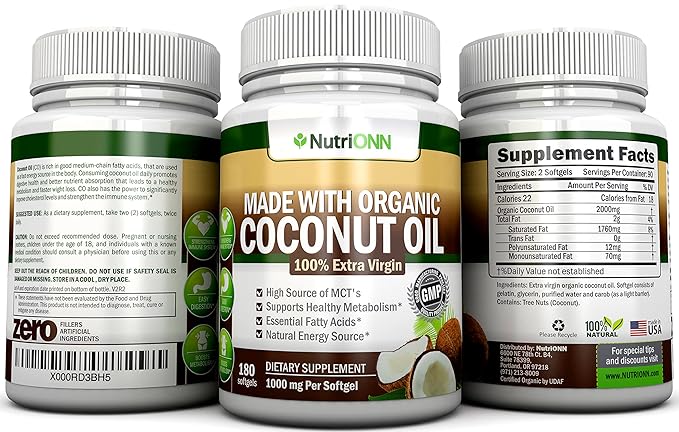 ORGANIC COCONUT OIL Capsules - 180 Softgels - 4000 MG Daily - Cold-Pressed Extra Virgin Coconut Oil - Certified USDA Organic - Great For Hair, Skin And Acne