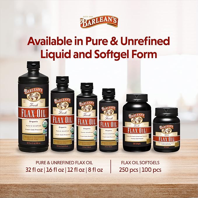 Barlean's Flaxseed Oil Softgels, Cold-Pressed Flax Seed Supplement with 1,650 mg ALA Omega-3 Fatty Acids for Joint & Heart Health, 1000mg, 250 ct