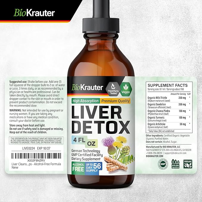 BIO KRAUTER Liver Detox Liquid - Liver Cleanse Detox Liquid Drops - Milk Thistle, Chanca Piedra, Turmeric, Dandelion, Artichoke - Liver Tincture - Vegan Drops 4 Fl. Oz.