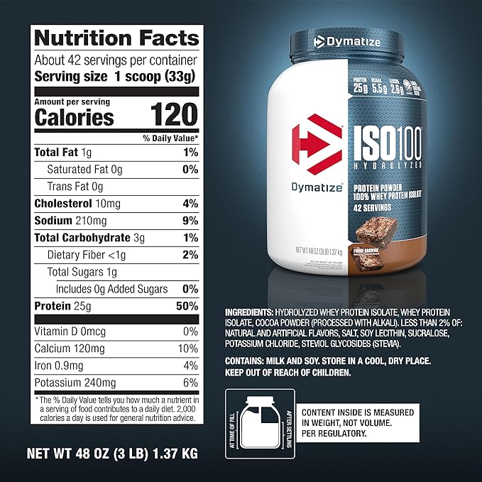 Dymatize ISO 100 Hidrolized 100% Whey Protein Isolate with 25g of Protein 1, Fudge Brownie, 48 Oz 42 servings