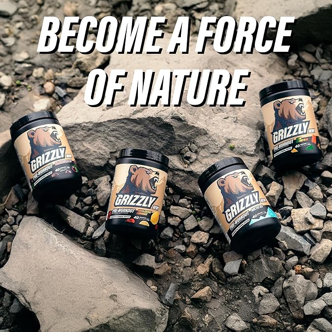 GRIZZLY Pre Workout Powder for Men & Women - Essential Aminos L-Citrulline & Beta Alanine Plus Caffeine - Preworkout Energy Drink Mix for Intense Power Focus & Pump, Huckleberry Lemonade - 40 Servings