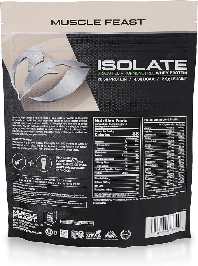 Muscle Feast Grass-Fed Whey Protein Isolate, All Natural Hormone Free Pasture Raised, Vanilla, 2lb