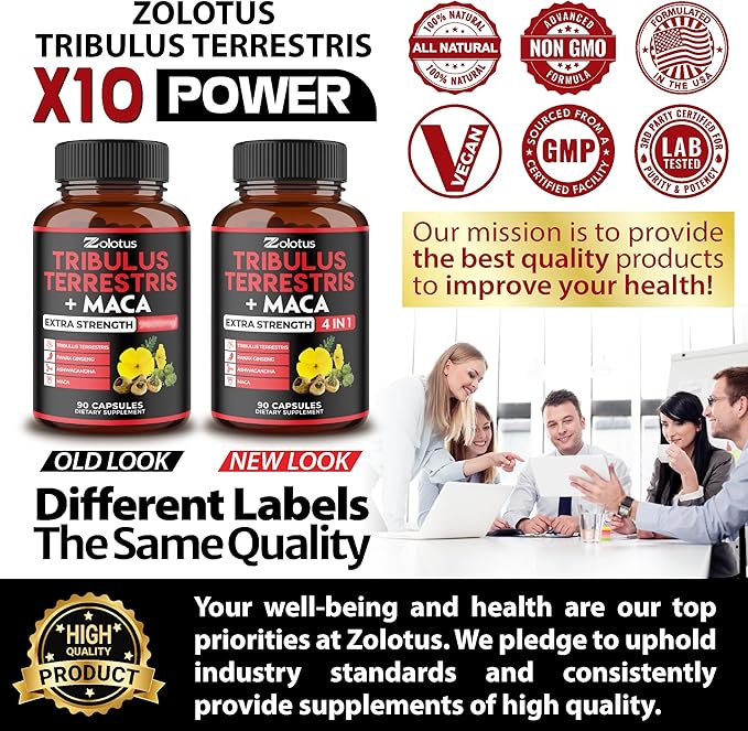 Zolotus Premium Tribulus Terrestris Capsules - Combined with Ashwagandha, Panax Ginseng & Maca - Boost Energy, Mood, Stamina & Immune - 90 Counts for 3 Months