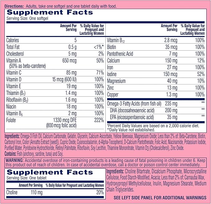 One A Day Womens Prenatal Advanced Complete Multivitamin with Brain Support* with Choline, Folic Acid, Omega-3 DHA & Iron for Pre, During and Post Pregnancy, 30+30 Count (60 Total Set)