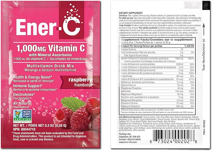 Ener-C Raspberry Multivitamin Drink Mix Powder Vitamin C 1000mg & Electrolytes with Real Fruit Juice Natural Energy & Immune Support for Women & Men - Non-GMO Vegan & Gluten Free - 30 Count