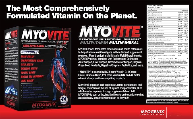 Myogenix Myovite Multivitamins for Athletes - High Performance Vitamins For Men and Women Athletes, Easy-to-Swallow Daily Vitamins (44 Packets/Box)